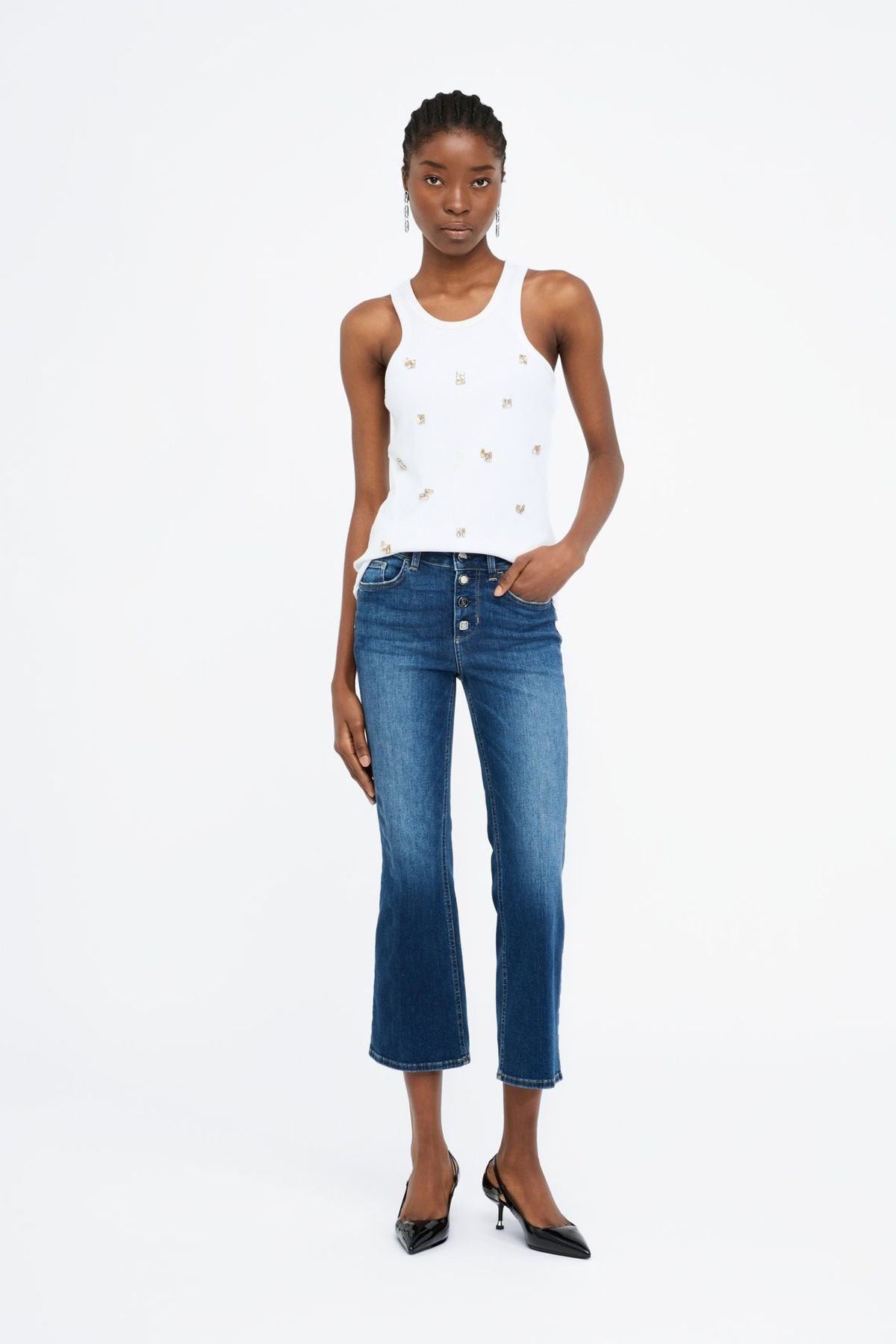 Liu Jo Taşlı Düğmeli Kısa Flare Paça Jean