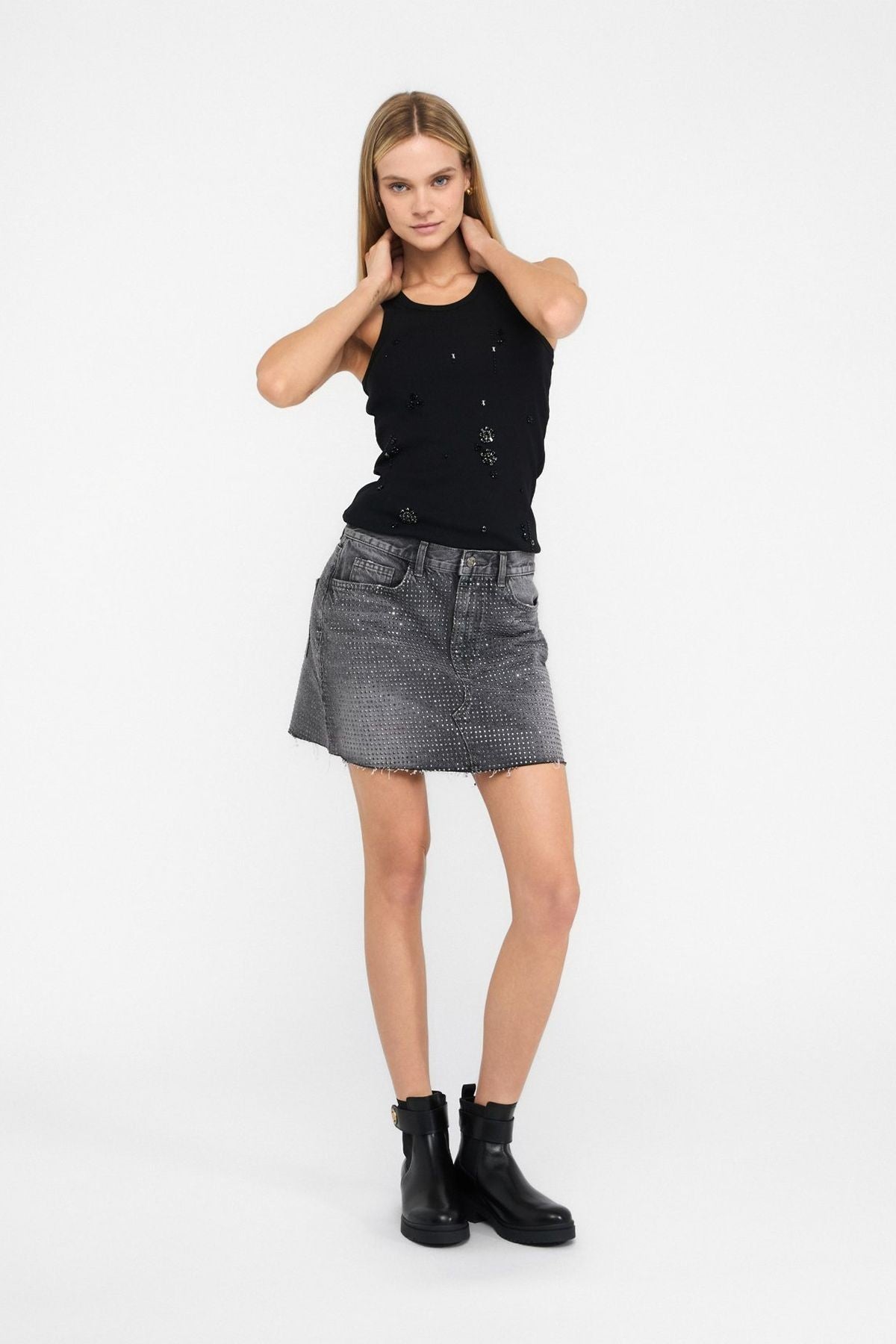 Liu Jo Gri Taşlı Mini Jean Etek