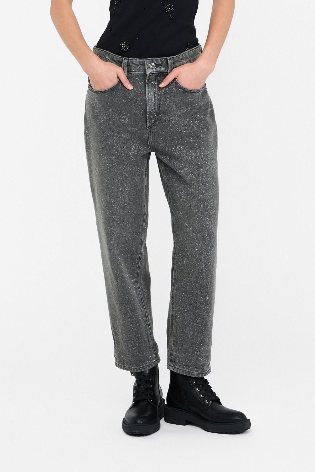 Liu Jo Yüksek Bel Düz Kesim Simli Jean