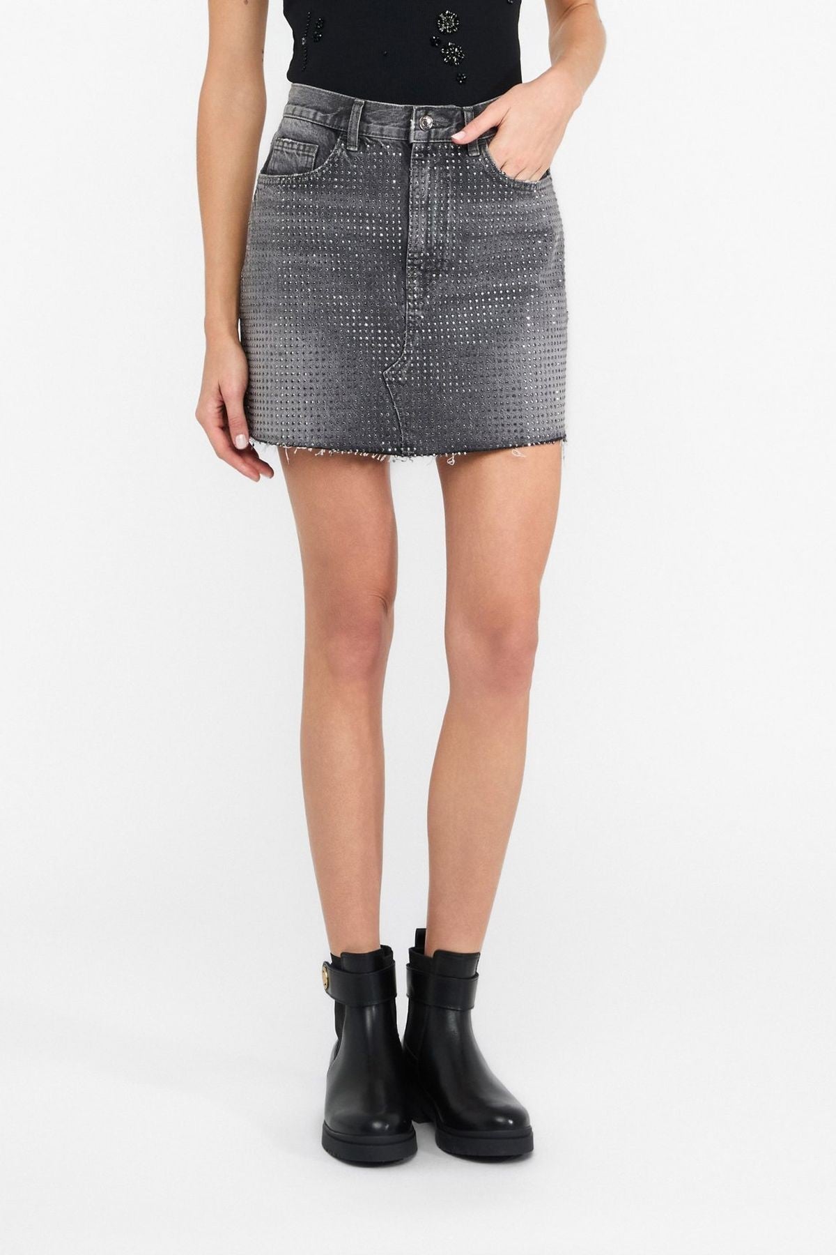 Liu Jo Gri Taşlı Mini Jean Etek